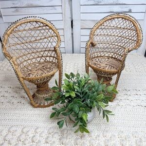 Vintage Wicker Rattan Woven Mini Peacock Chairs Set of 2 Plant Stand